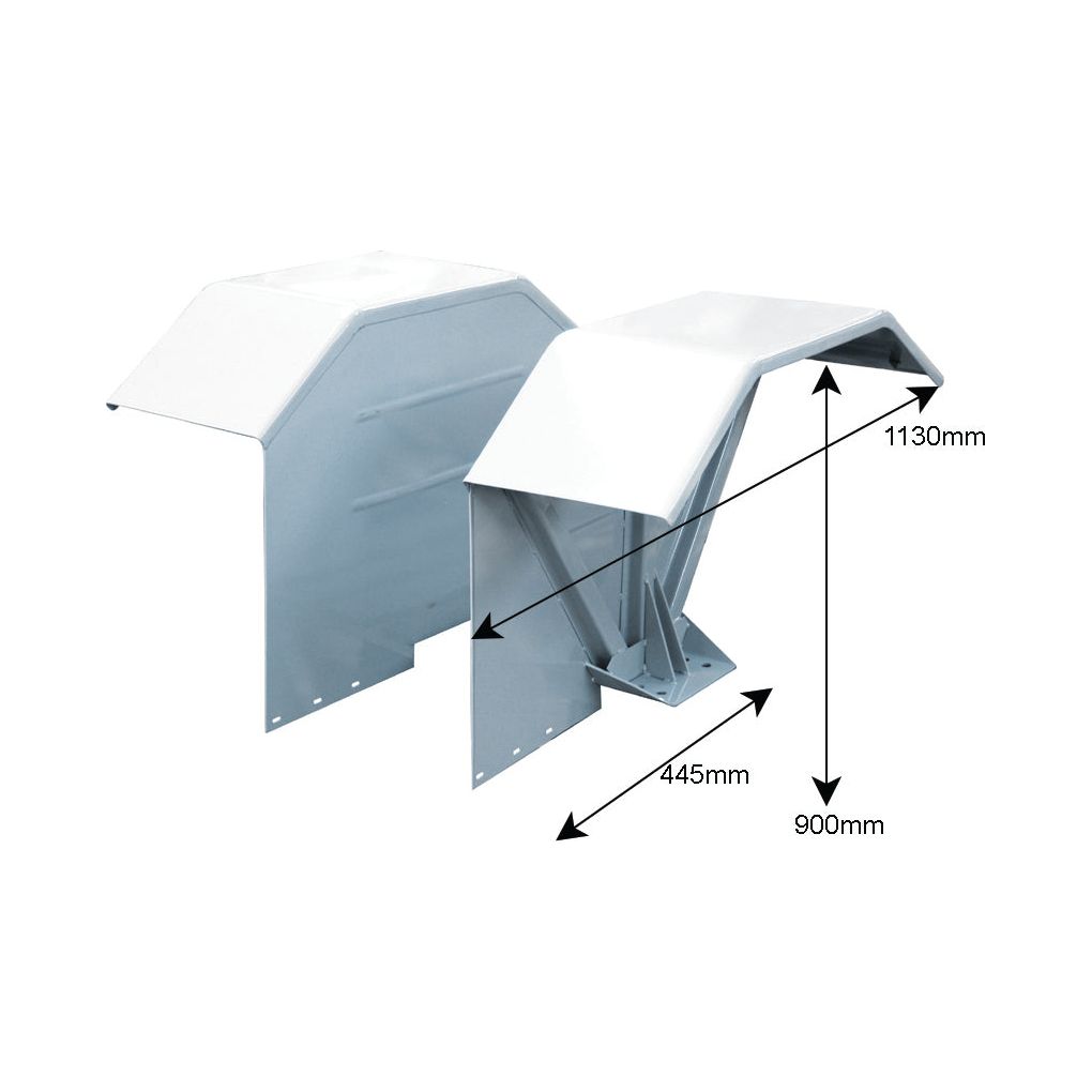 The Sparex Fender Set (RH & LH), with part number S.67065, is a robust metal structure featuring two covered sections designed for agricultural settings. It stands at 1130mm in height, 900mm in width, and 445mm in depth, making it an ideal fit for various equipment models from Ford New Holland.