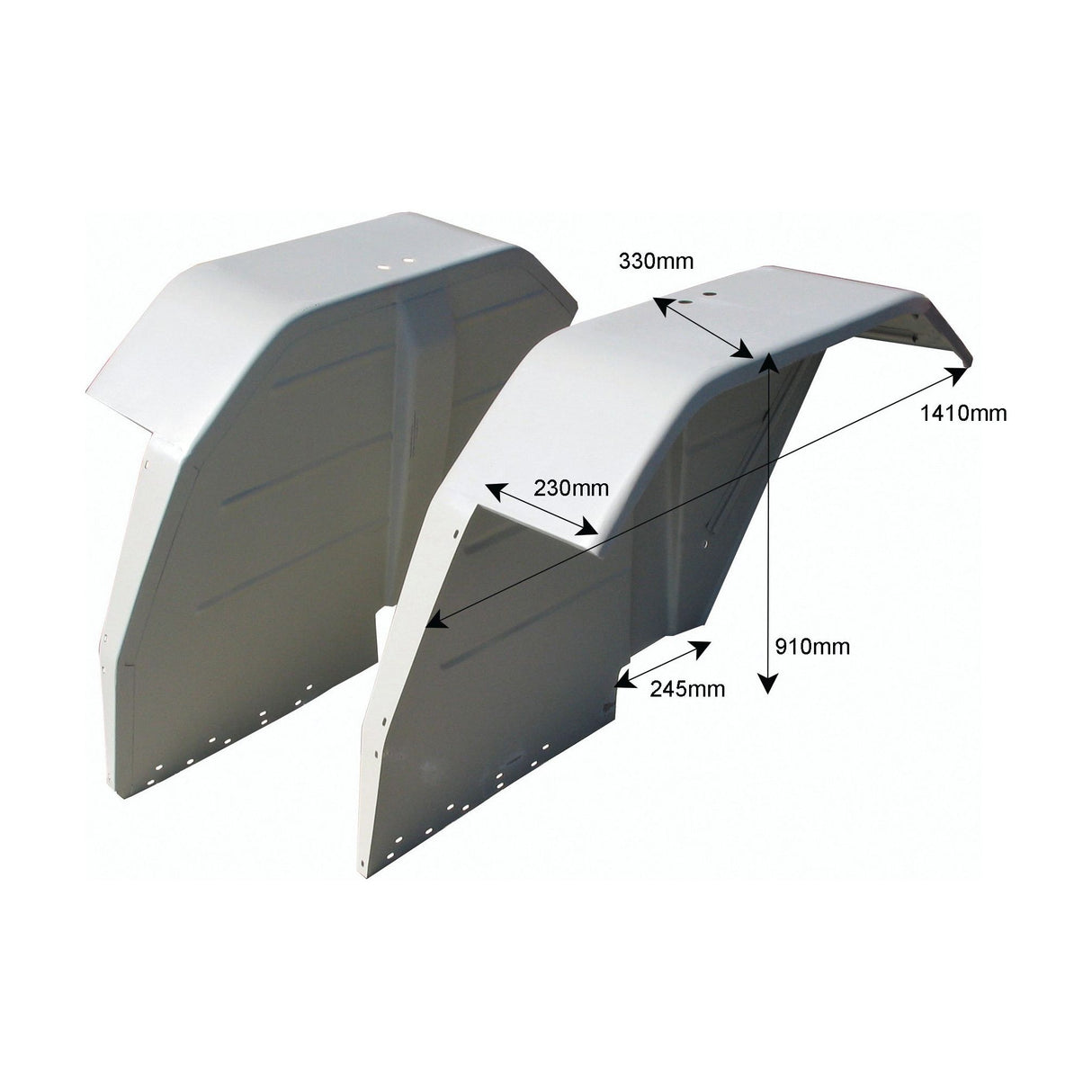 The image shows two gray metallic objects, which are angular components or covers with drilled holes, featuring measurement arrows indicating dimensions of 330mm, 230mm, 1410mm, 910mm, and 245mm. These parts are likely the Fender Set (RH & LH) Sparex Part No. S.67170 by Sparex, compatible with Ford / New Holland models.