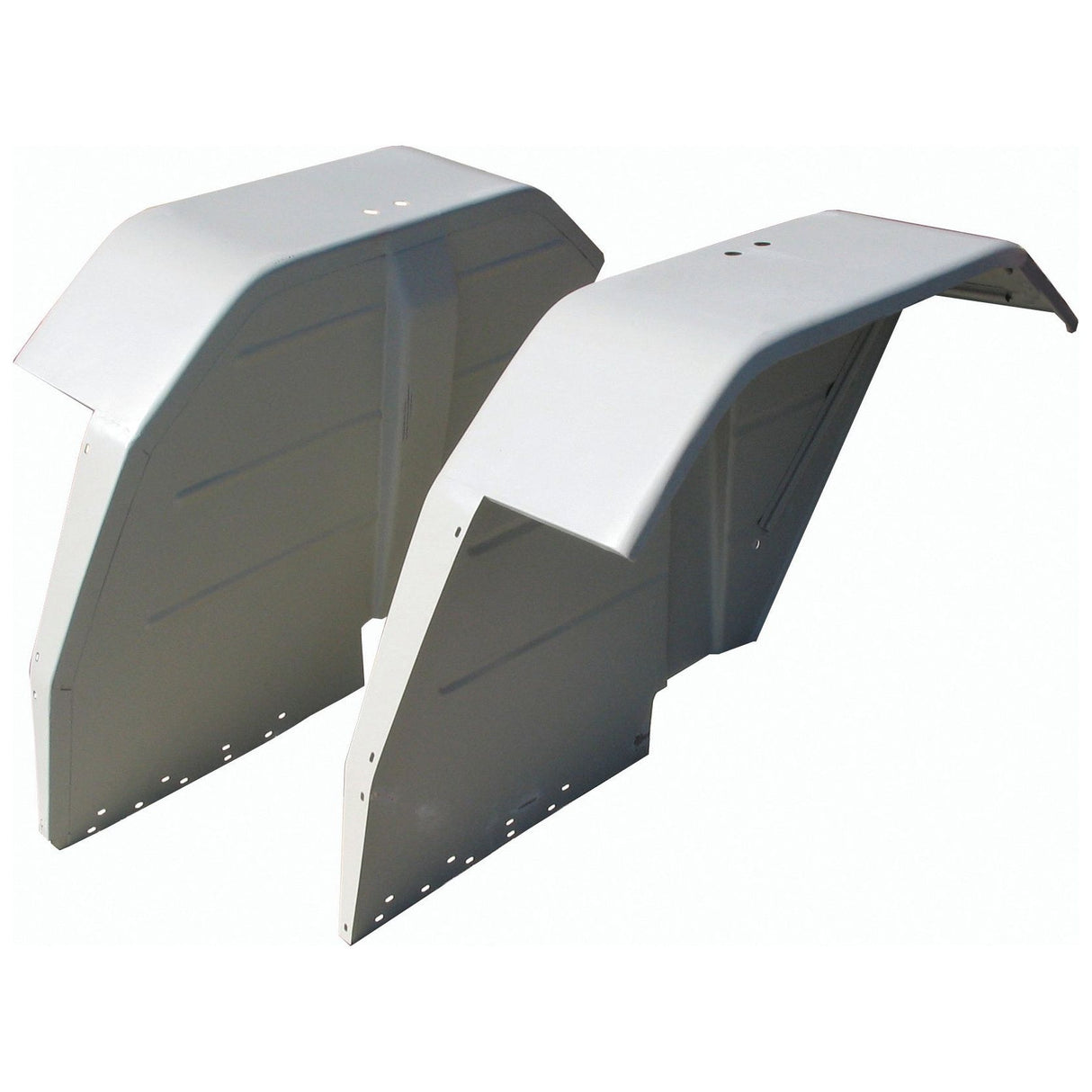Two beige metal truck fenders are shown from a perspective that highlights their shape and structure. The fenders, suitable for Ford / New Holland models, have a smooth finish and bolt holes along the bottom edges. They're compatible with Sparex part S.67170, ensuring reliability and quality from the trusted Sparex brand.