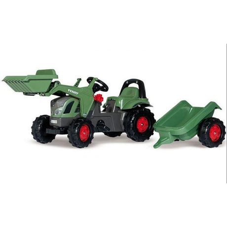 Introducing the Fendt - Fendt Tractor with Trailer - X991015187000 by AGCO, a vibrant green and gray kids' pedal tractor with striking red wheels, complete with a front loader and an attached trailer.
