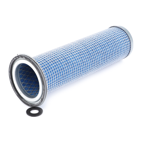 On a white surface lies an AGCO Massey Ferguson - Filter Air Inner - 3595519M1, featuring a blue mesh covering and metal ends. Nearby, there is a small black rubber ring.
