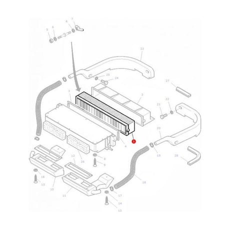 Exploded view diagram of a Massey Ferguson tractor mechanical assembly, featuring components like the AGCO Cab Dust Filter (Product Name: Massey Ferguson - Filter Cab - 3388840M3), screws, and brackets, all with corresponding labels and numbers.