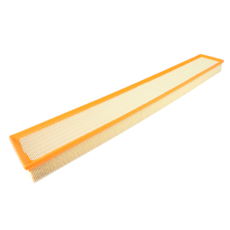 Introducing the AGCO Massey Ferguson - Filter Cab - 3388840M3, an elongated rectangular dust filter with a yellow frame and pleated paper material, perfect for your Massey Ferguson tractor.