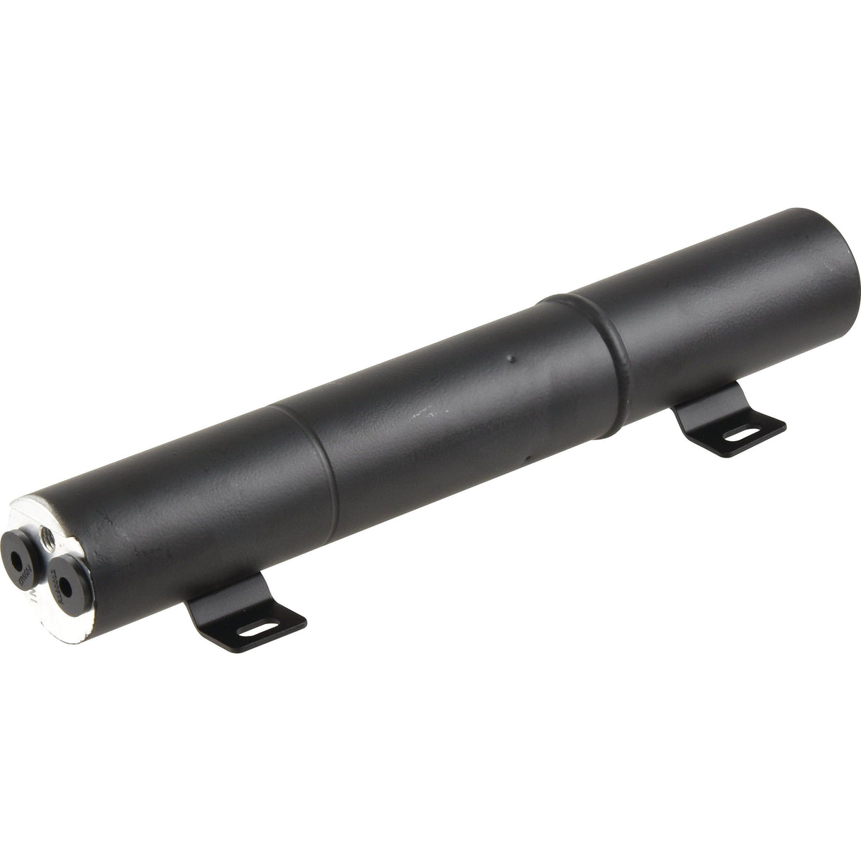 A Filter Drier - S.106753 by Sparex is a black cylindrical metal object with mounting brackets on each side and two openings at one end, making it suitable for various industrial applications.
