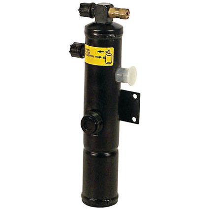 The Sparex Filter Drier - S.106754 is a cylindrical black vertical air compressor filter featuring a yellow label, two knobs, a valve at the top, and a mounting bracket. Suitable for various models, this filter ensures efficient performance. For further details, please refer to the product specifications provided by the manufacturer.