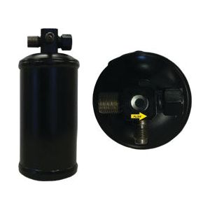 Two views of the Sparex Filter Drier - S.106770: a side view showing the full black cylinder and a top view highlighting the connection points, manufacturer information, and a yellow flow direction label.