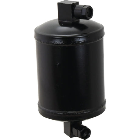 The Sparex Filter Drier - S.106781 is a black cylindrical filter drier with inlet and outlet ports, designed for use in refrigeration and air conditioning systems.