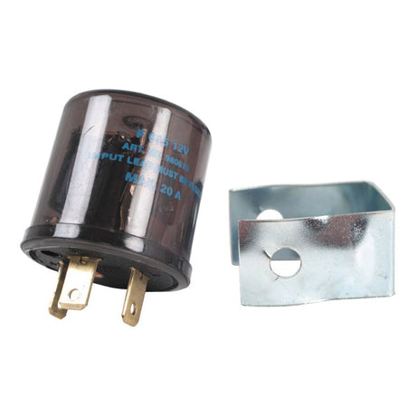 A Sparex Flasher Unit (Model S.26420) featuring a cylindrical design with three prongs is placed next to a metal mounting bracket, all set against a white background.