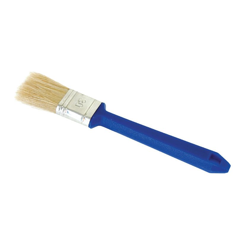 The Sparex Flat Paintbrush - Economy, 30mm (Sparex Part No. S.54165) features a blue handle, beige bristles, and a metal ferrule, making it an ideal choice for budget-friendly projects; displayed on a white background.