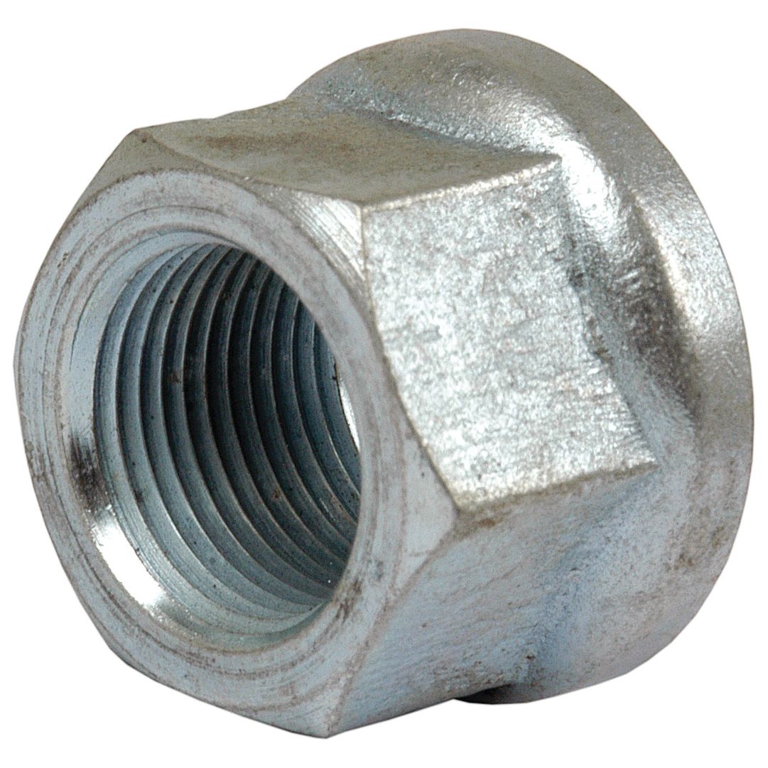 A close-up view of a Flat Wheel Nut, M20x1.5 with internal threading, often used as a Nut Rear Wheel on machinery like the Case IH Harvester. This part is known as Sparex Part No.S.57772 from the brand Sparex.