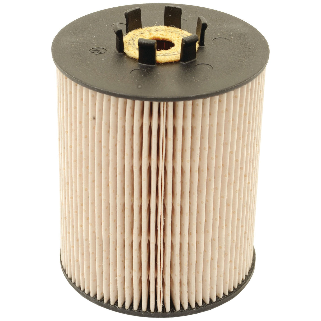 Close-up of a Sparex Fuel Filter - Element - FF5801 (Sparex Part No. S.109594) featuring pleated paper in a cylindrical shape, with a central hole surrounded by black plastic components.