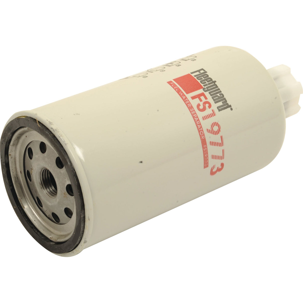 A cylindrical white fuel separator branded by Sparex with the label "FS19773" printed in red text on its side. This filter, compatible with Case IH equipment, features multiple small holes on one end, likely for attachment or flow. The product is also known as Fuel Separator - Spin On - FS19773 and has a Sparex Part No. S.73141.