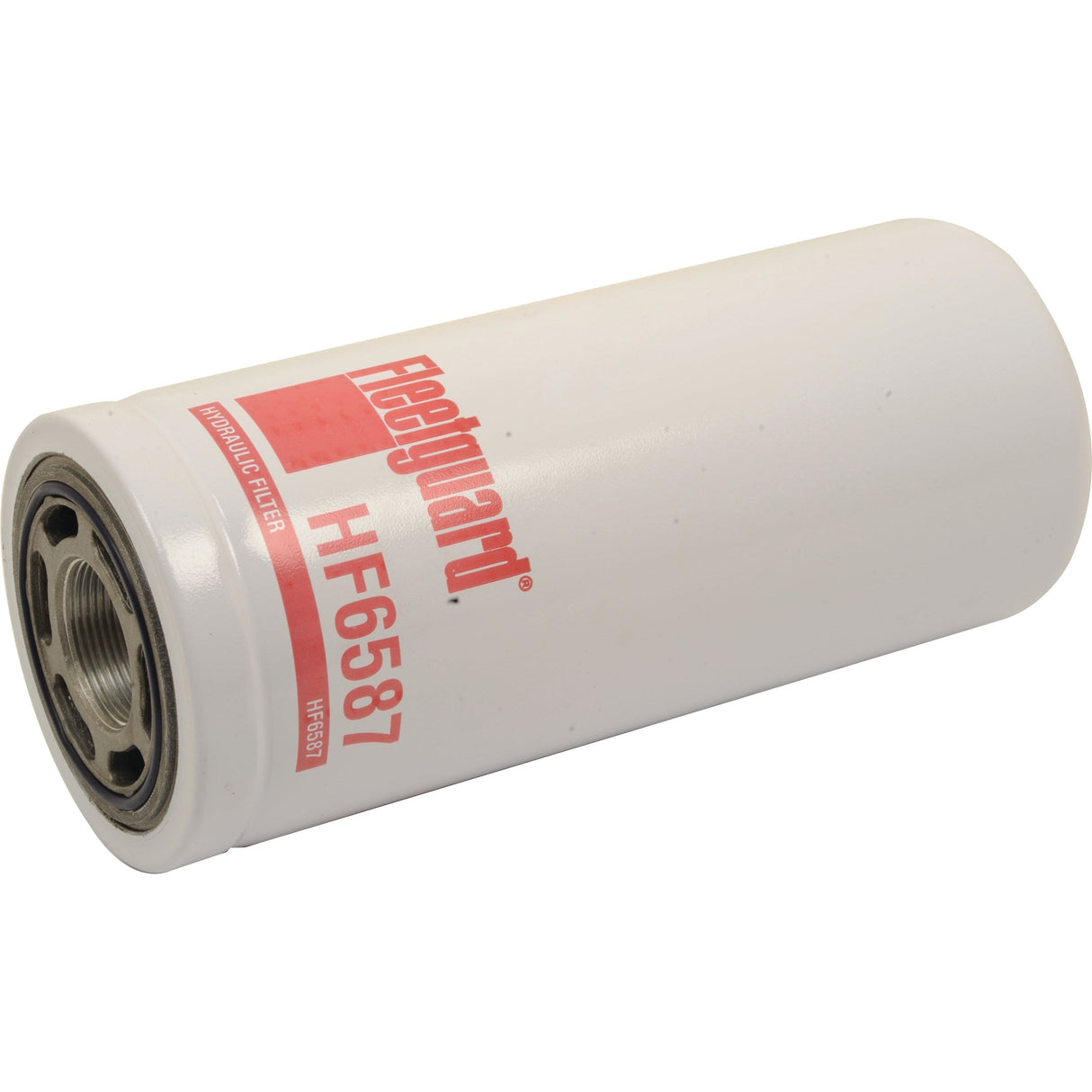 A white cylindrical hydraulic filter labeled "Hydraulic Filter - Spin On - HF6587" by Sparex, designed to fit John Deere machinery.