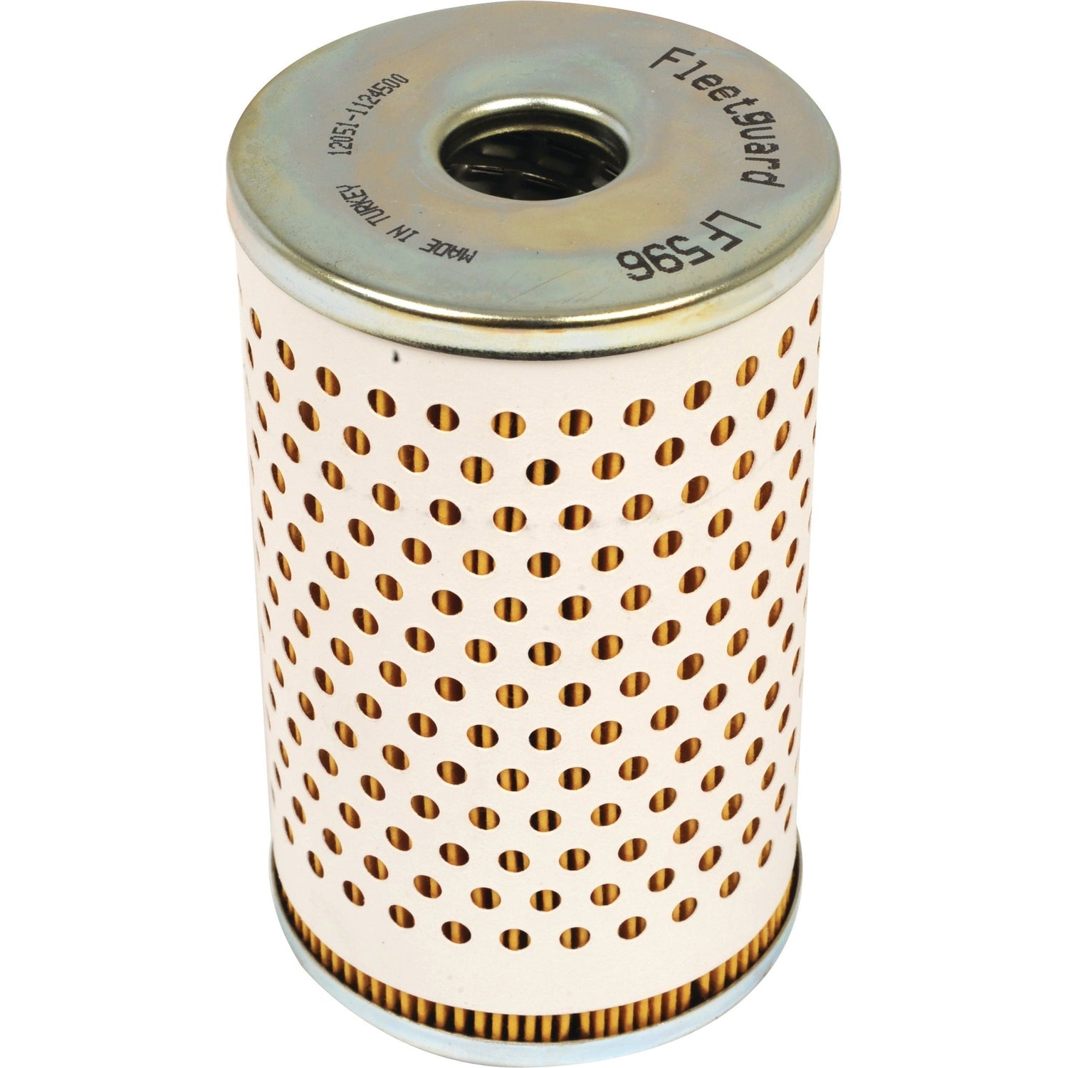 The Sparex Oil Filter - Element (LF596), known as Sparex Part No. S.109492, features perforations and is compatible with Claas COSMOS tractors. The filter has a metallic top with a central hole, and the bottom displays visible filtration material.