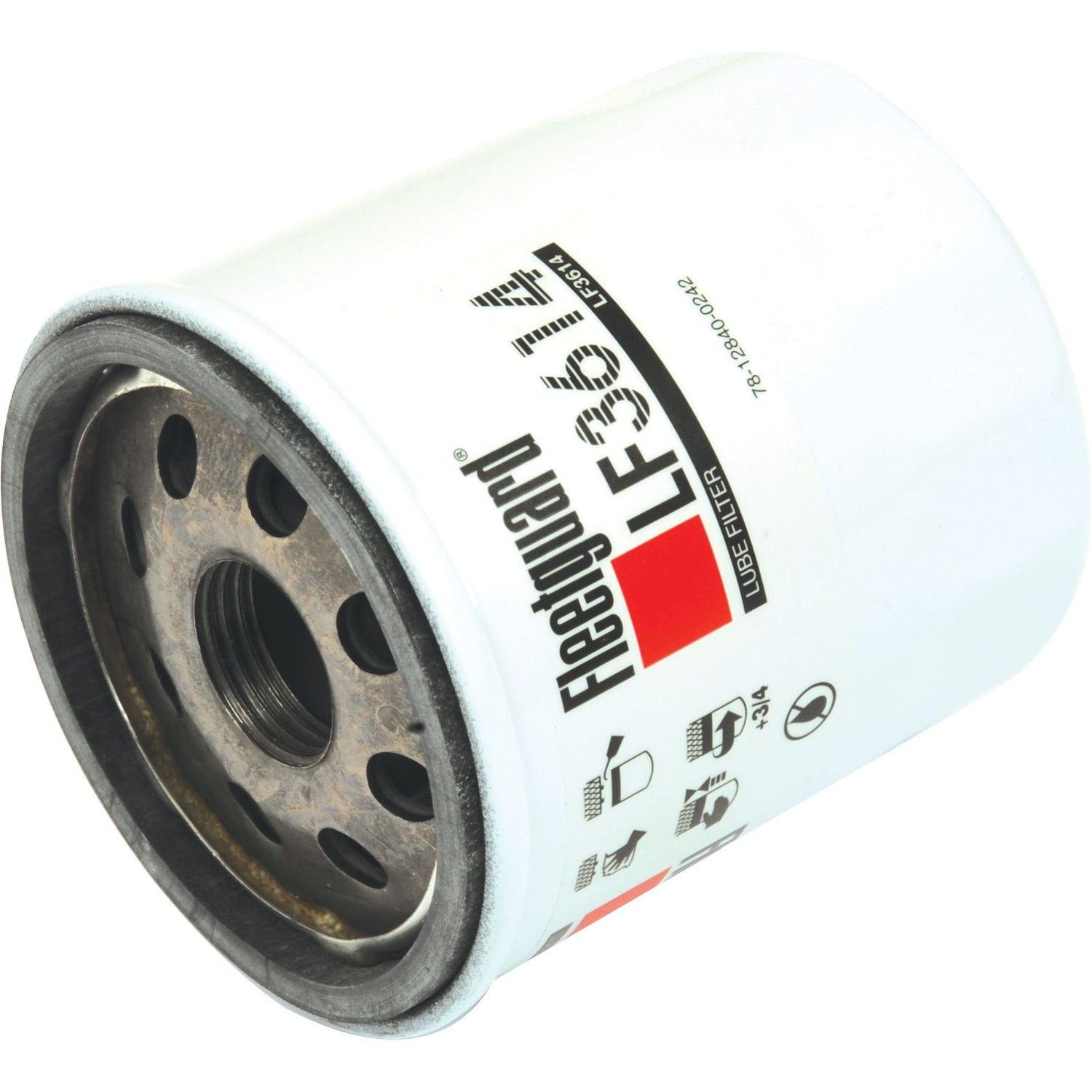 A cylindrical Sparex Oil Filter - Spin On (LF3614) featuring a white exterior, black threading, and red and black text. Perfectly compatible as an alternative to the Fleetguard LF649 for your John Deere 2500.