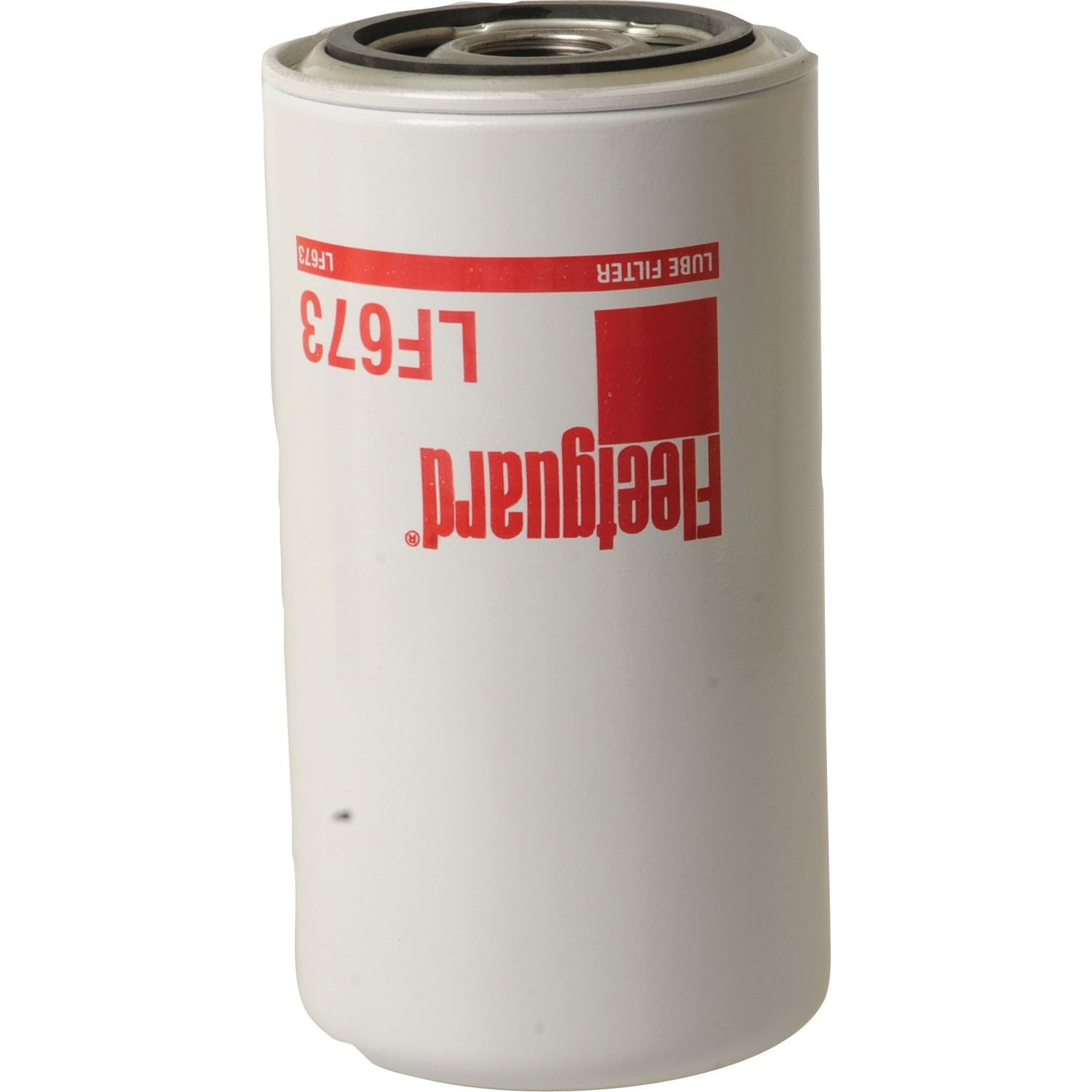 A Sparex S.76907 oil filter, model LF673, featuring a white cylindrical design with red text and a metal top, compatible with Case IH International Harvester.