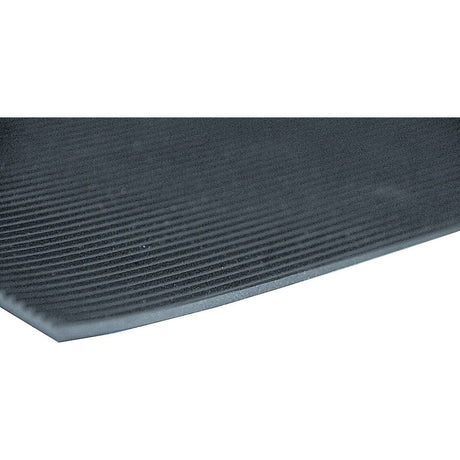 Close-up of the fluted edge of a 3mm black Floor Matting - S.101554 by Sparex, featuring ribbed rubber material, against a white background.