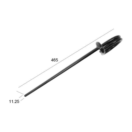 A heavy-duty black rod with a coiled end, measuring 465 units in length and 11.25 units in diameter, suitable for Sparex applications, branded as Following Tine heavy duty replacement for Reekie (Sparex Part No. S.78078).
