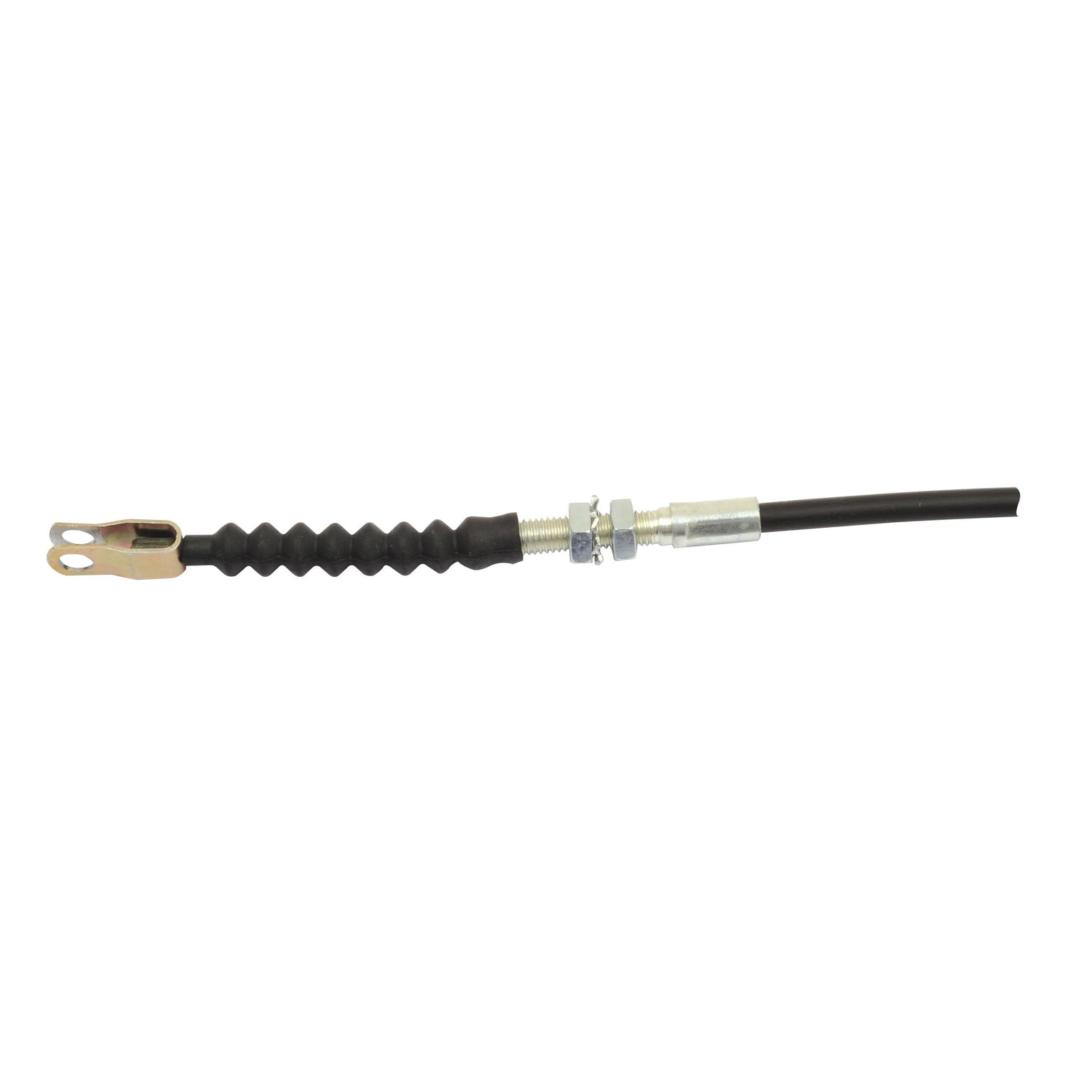 Here's an image of a Sparex Foot Throttle Cable (Sparex Part No. S.42474) measuring 1098mm in length with an outer cable length of 937mm. This black automotive brake cable features a threaded metal adjustment mechanism in the middle and a forked metal end attachment, making it suitable for use as a foot throttle cable on Massey Ferguson tractors.