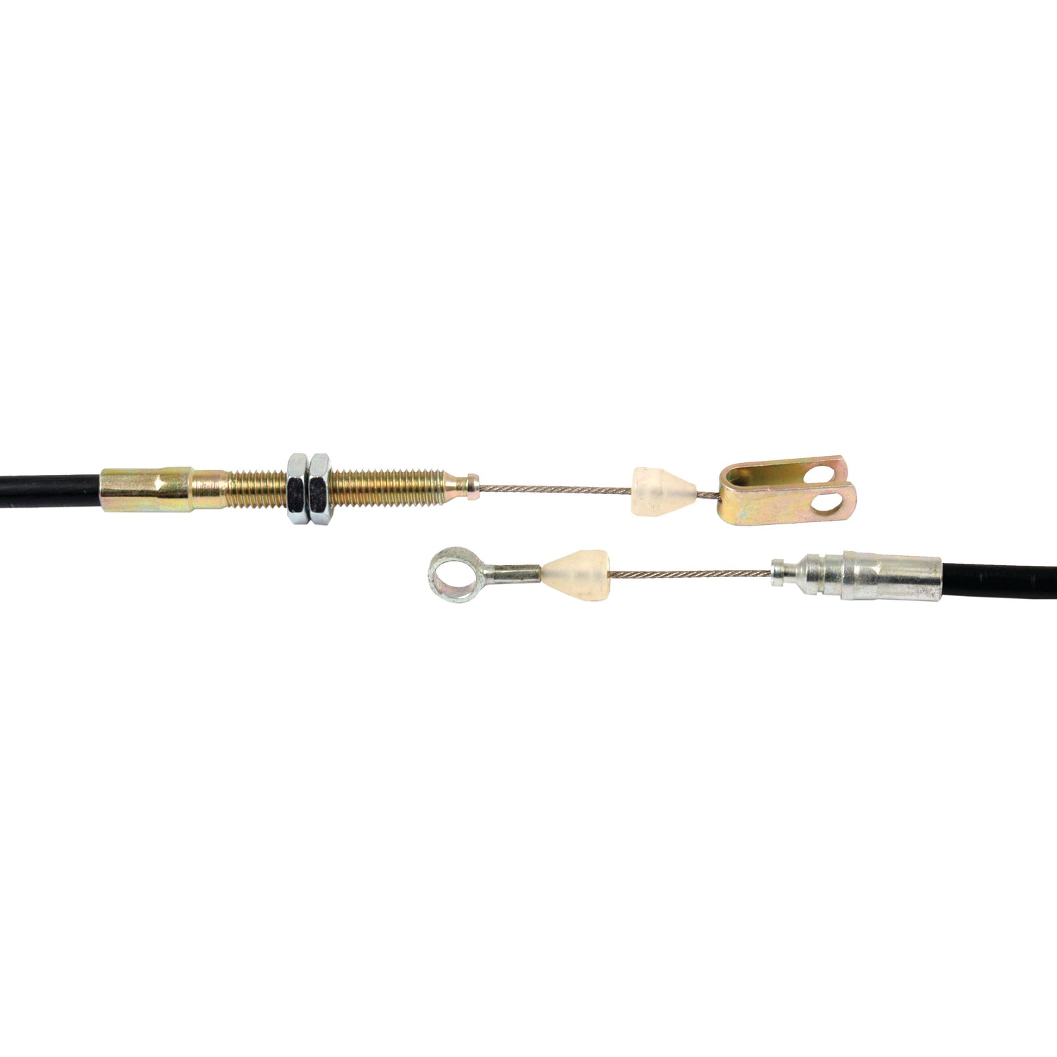 Close-up view of a Sparex Foot Throttle Cable (Sparex Part No. S.43200) measuring 1260mm in length with metal fittings and connectors, ideal for Massey Ferguson applications, against a white background.