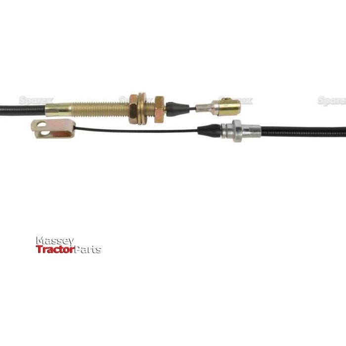 A foot throttle cable measuring 730mm in length with an outer cable length of 596mm, featuring various fittings and connectors. The background highlights the words "Massey Tractor Parts" alongside notable brands like Ford / New Holland and Sparex, specifically referencing the Sparex Part No. S.66451.