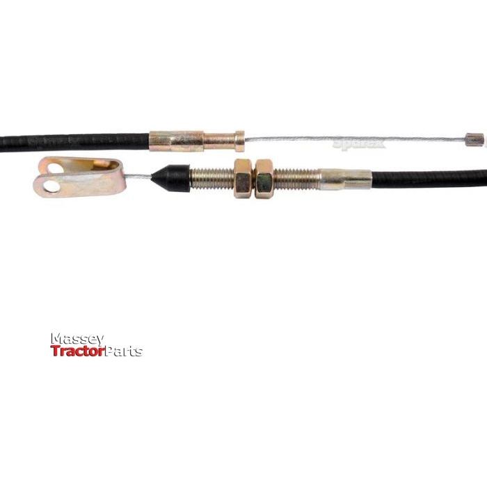 A control cable with black sheathing and metal fittings is shown. The image includes the "Massey Tractor Parts" logo in the bottom left corner, indicating its compatibility with Massey Ferguson models. This Foot Throttle Cable, known as Sparex Part No.S.41844, has a length of 977mm and an outer cable length of 957mm, making it ideal for Perkins 1006-6 engines and ensuring optimal performance.