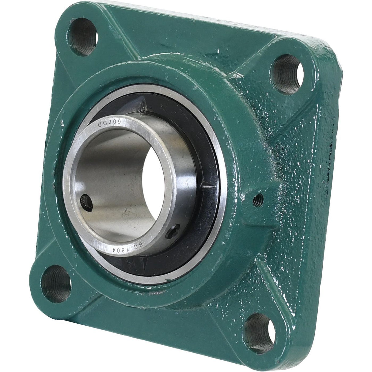 A green, square Sparex Four-Bolt Flanged Unit (UCF209) with a centrally positioned metric bearing and four mounting holes at each corner, available under Sparex Part No.S.18405.