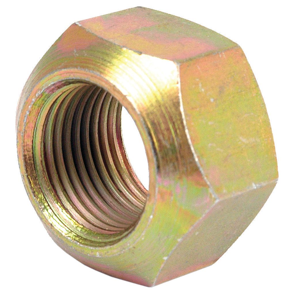 A close-up of the Front Axle Nut | Sparex Part No.S.17623 by Sparex, featuring hexagonal metal design with internal threading, likely used for fastening purposes on a Case IH front axle.