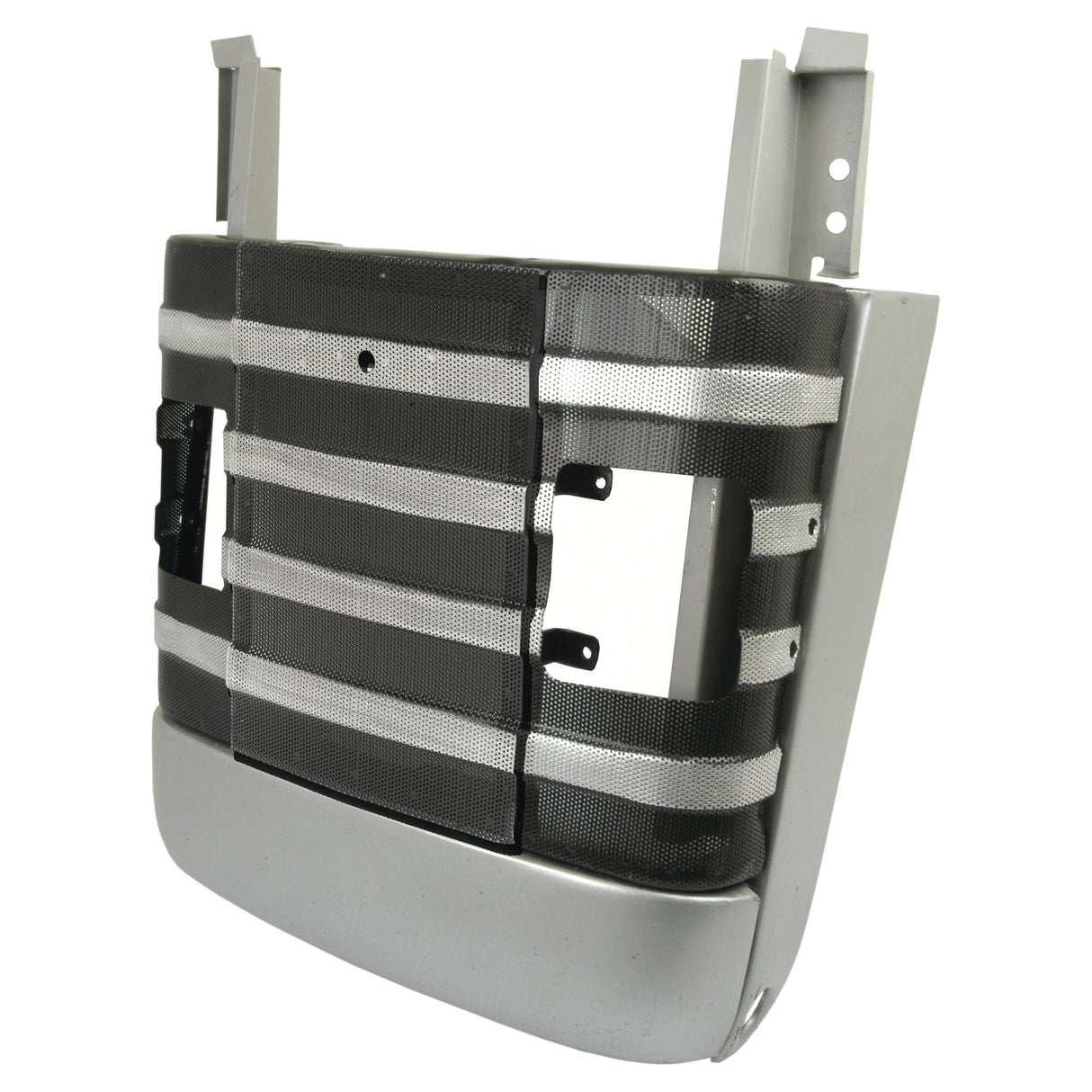 The Sparex front grille assembly, part number S.43662, features a grey and black metallic finish and is designed specifically for the Massey Ferguson 135. This grille comes with horizontal slats and openings for headlights.