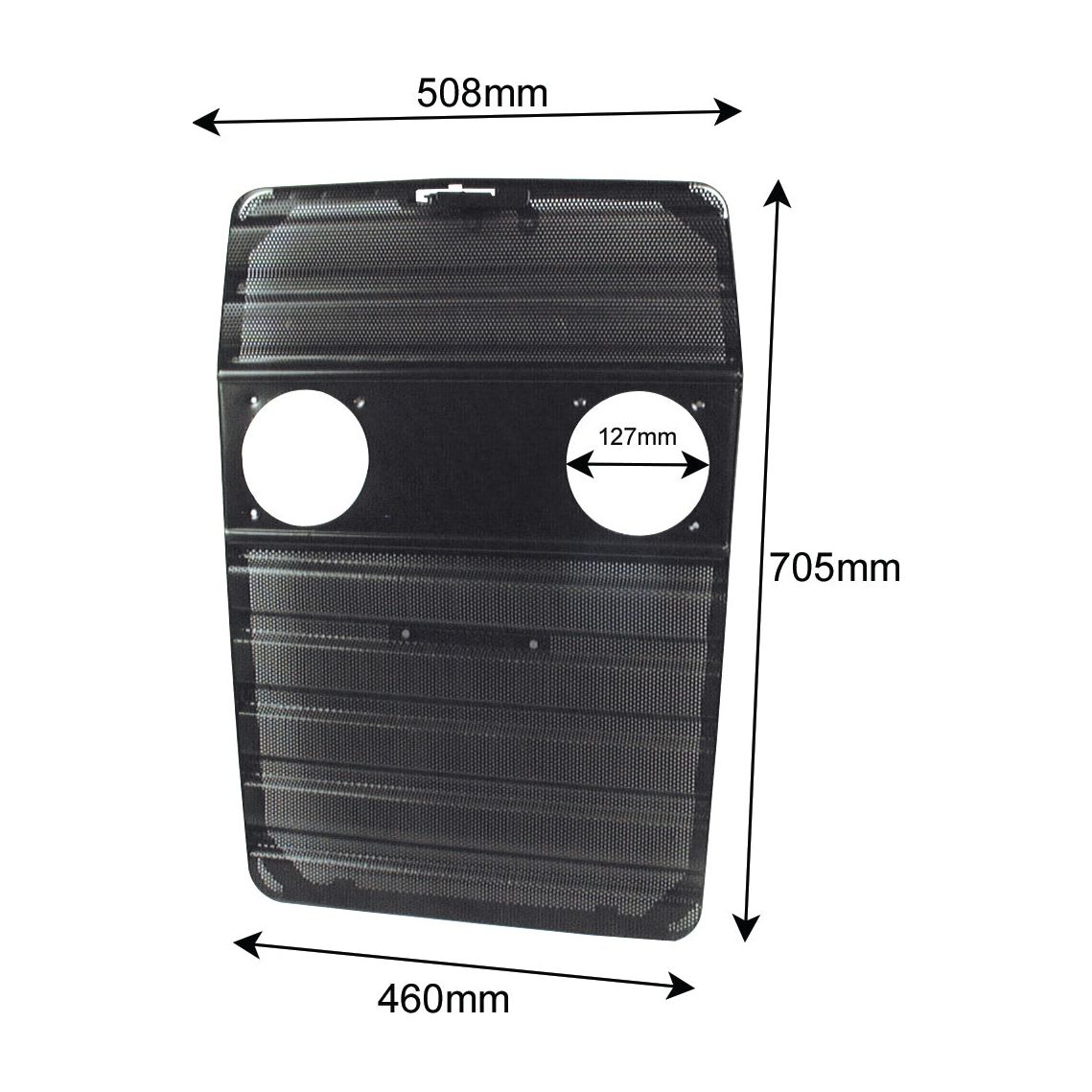 The Sparex Front Grille (Sparex Part No. S.41442) is a black perforated metal panel with dimensions of 508mm in width, 705mm in height, and a base width of 460mm. It features two circular cutouts, each with a diameter of 127mm, positioned on the top half. This grille is ideal for Massey Ferguson tractors or can be used as a Sparex replacement part.