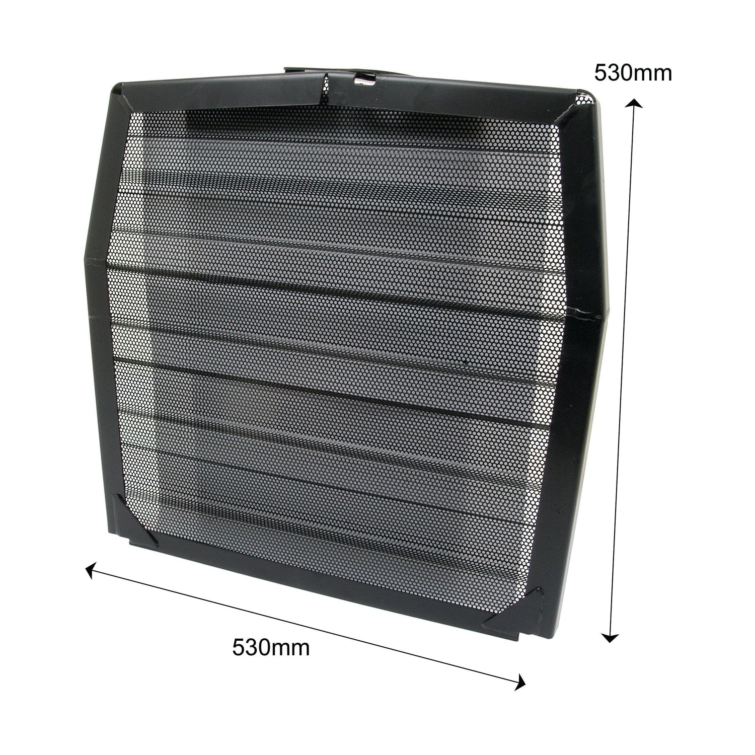 A black, rectangular Front Grille mesh guard from Sparex (Part No. S.43557) with dimensions of 530mm by 530mm, perfect for Massey Ferguson tractor parts.