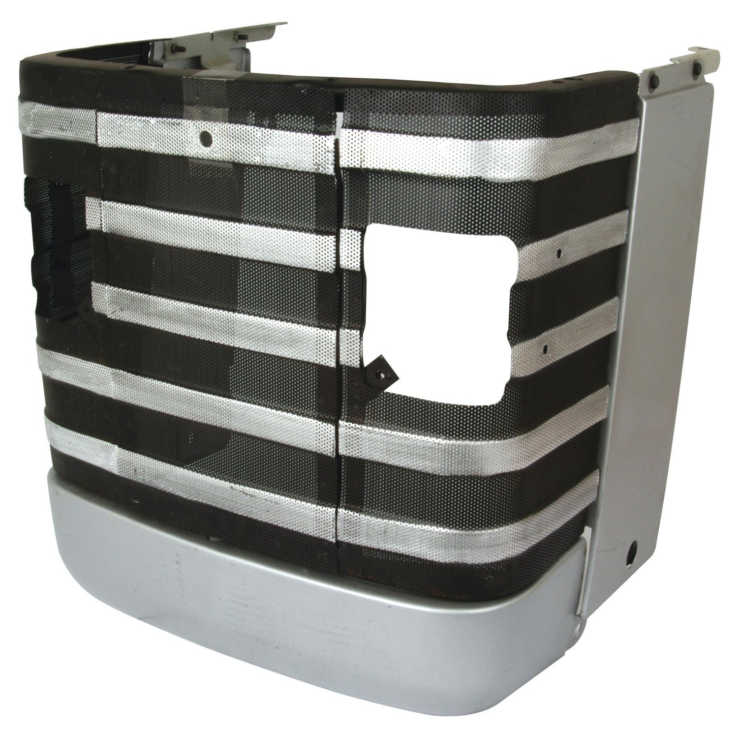 A metal and plastic air deflector for a commercial vehicle, featuring horizontal slats and a square cutout on the right side. Compatible with the Sparex Front Grille Assembly (Part No. S.43720), ensuring seamless integration for Massey Ferguson models.