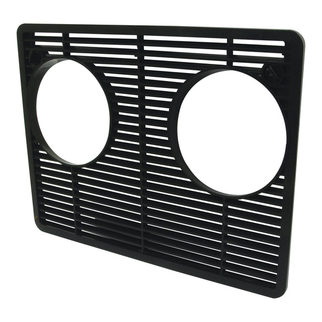 A black plastic Front Grille by Sparex (Part No. S.64755), featuring horizontal slats, two circular openings, and a design perfect for your Zetor equipment.