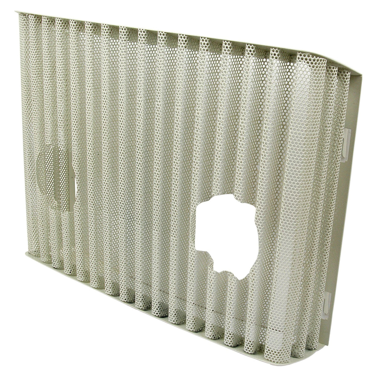 The Sparex Front Grille (Part No. S.66319) is a metal mesh vent cover with a rectangular shape, featuring two circular openings—one smaller and one larger—on its surface, making it ideal for Ford New Holland models.