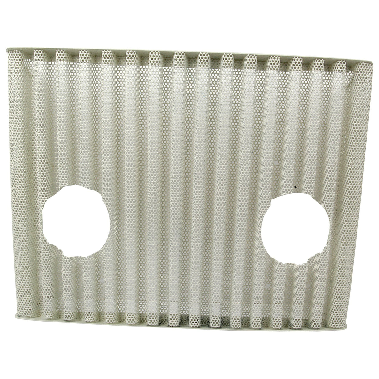 The Front Grille | Sparex Part No.S.66319 by Sparex is a rectangular white perforated panel with vertical ridges and two circular holes on one side, compatible with Ford New Holland models.
