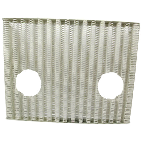 The Front Grille | Sparex Part No.S.66319 by Sparex is a rectangular white perforated panel with vertical ridges and two circular holes on one side, compatible with Ford New Holland models.