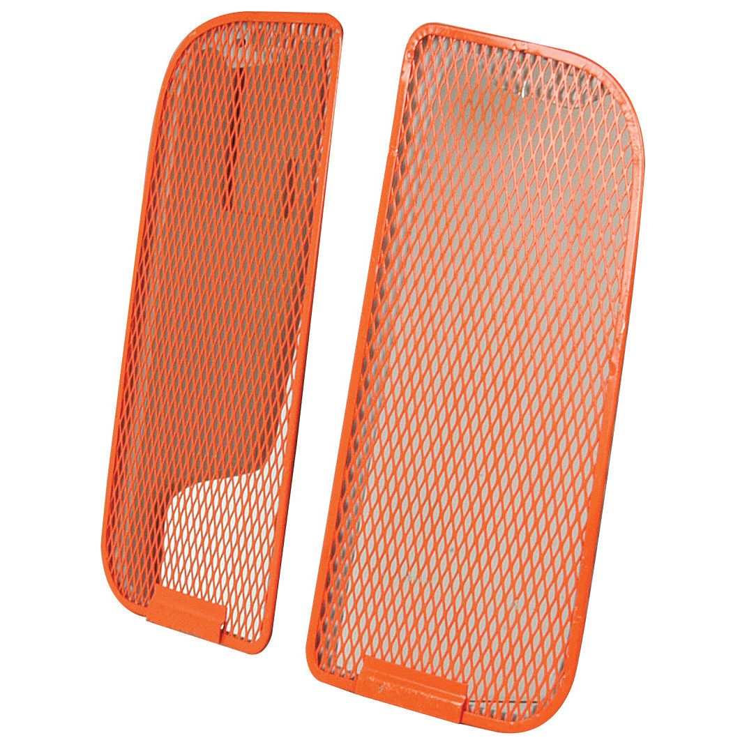 The Sparex Front Grille (Part No. S.66745) is a pair of orange metal mesh guards with rounded edges, designed for protective use and ideal for Ford New Holland machinery.