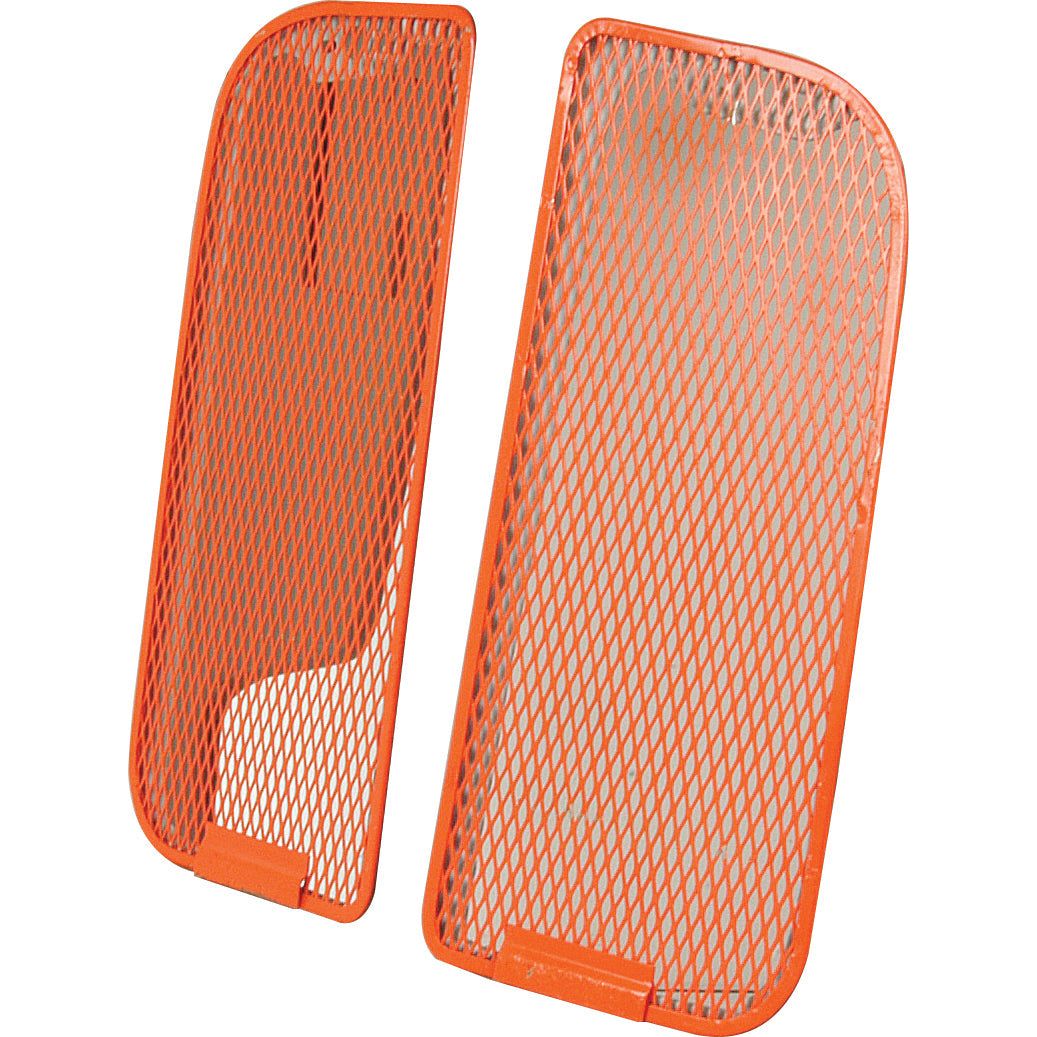 Two orange metal grates with diamond-shaped holes, designed to be used as protective covers or filters. This versatile grille set, known as the Front Grille Sparex Part No.S.66745 from Sparex, is compatible with Ford New Holland machinery and meets the high-quality standards of Sparex.