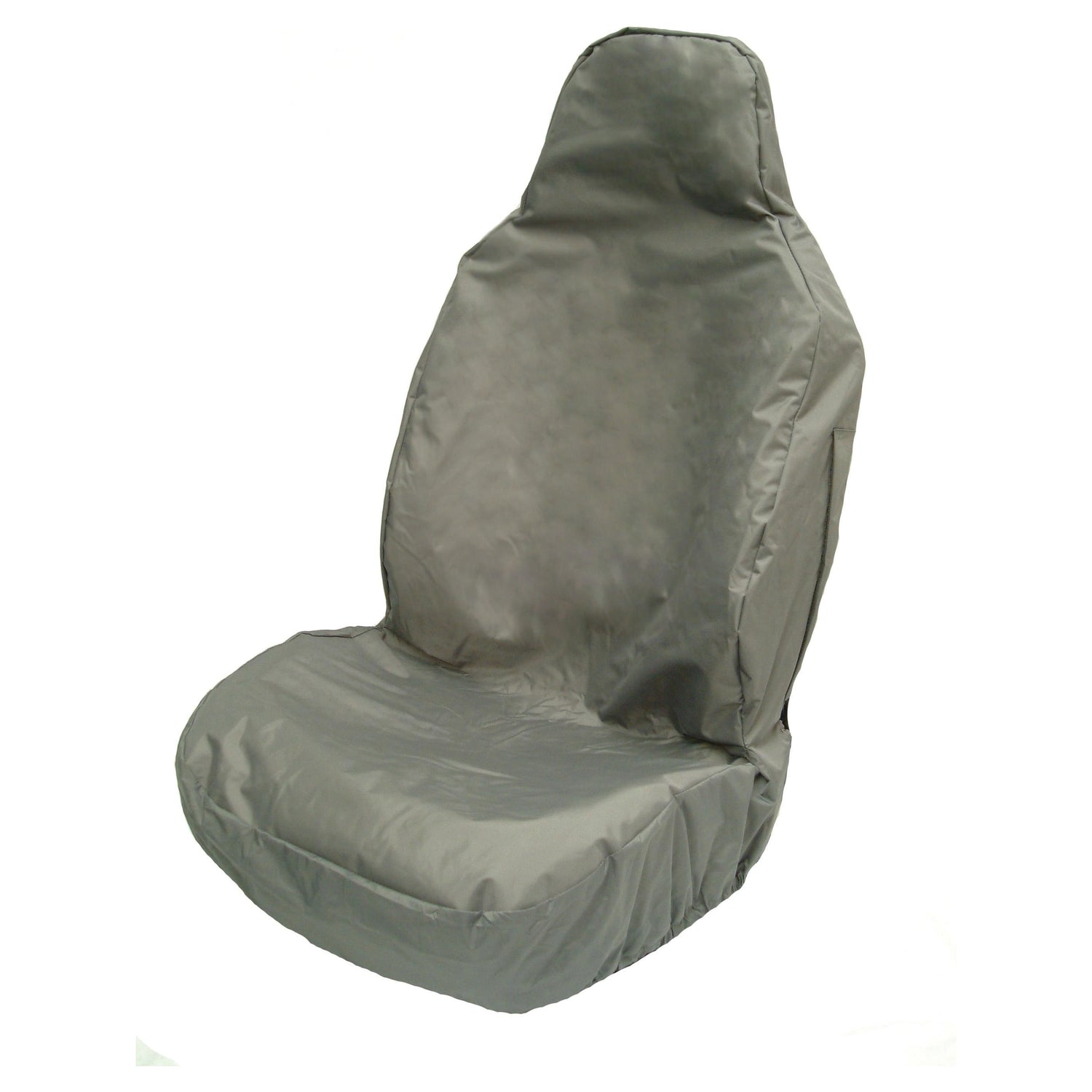 The Sparex Front Large Seat Cover - Car & Van - Universal Fit (S.71862), shown in gray and waterproof, is displayed on a large front seat from the front right angle against a plain white background.