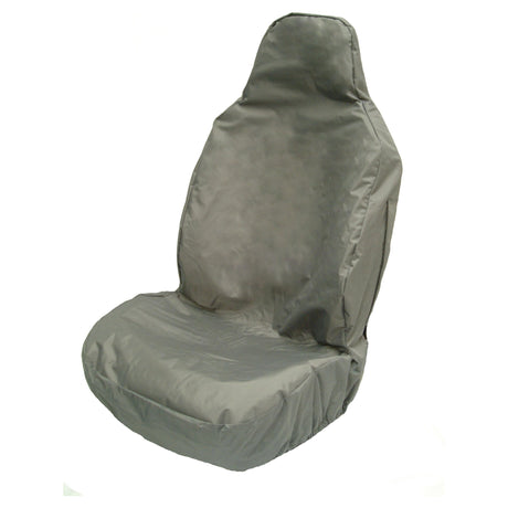 The Sparex Front Large Seat Cover - Car & Van - Universal Fit (S.71862), shown in gray and waterproof, is displayed on a large front seat from the front right angle against a plain white background.