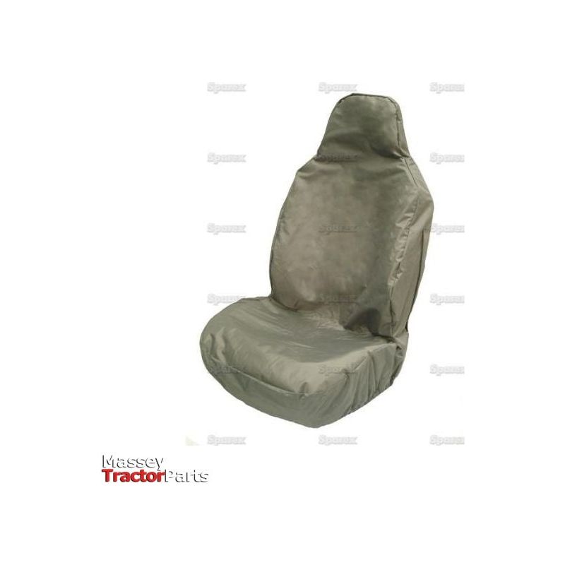 Introducing the Sparex Front Large Seat Cover - Car & Van, Universal Fit - S.71862. This waterproof green cover is designed to fit over a standard tractor seat, with the text "Massey Tractor Parts" displayed in the bottom left corner, ensuring lasting quality regardless of weather conditions.
