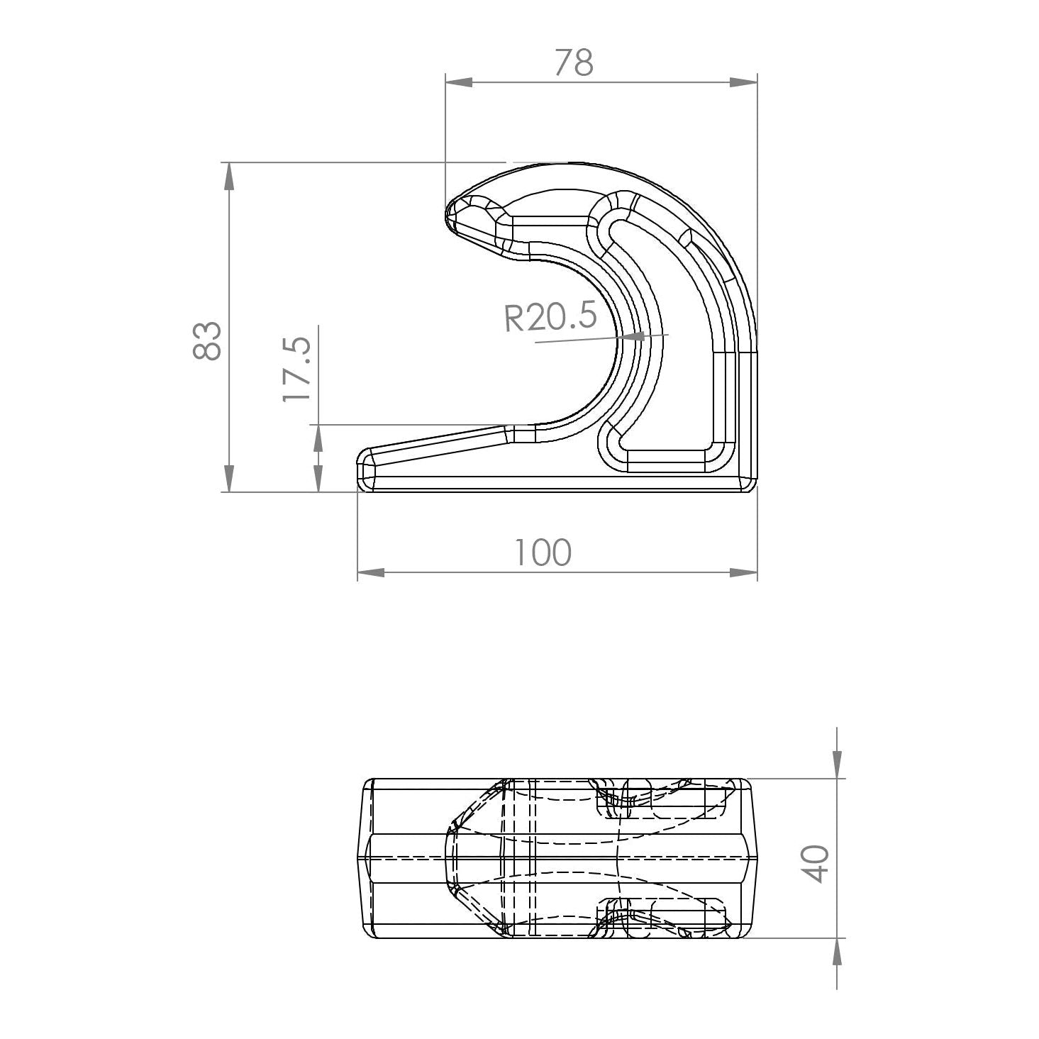 Technical drawing of the Front Loader Bracket - Weld on Hook (Sparex Part No. S.33090) by Sparex:
- Dimensions from the top view: 83 mm height, 78 mm width, and 105 mm length
- Side view width: 40 mm.