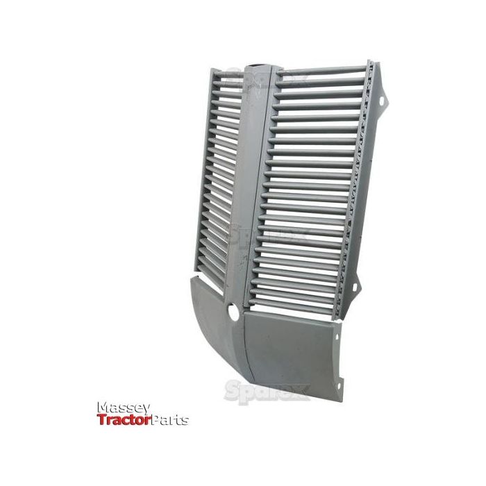 An upright metal tractor grille with vertical slats prominently displays the "Massey Tractor Parts" and "Sparex" logos on the lower left and center, respectively. The design of the Front Panel | Sparex Part No.S.43640 highlights its compatibility with Massey Ferguson models.