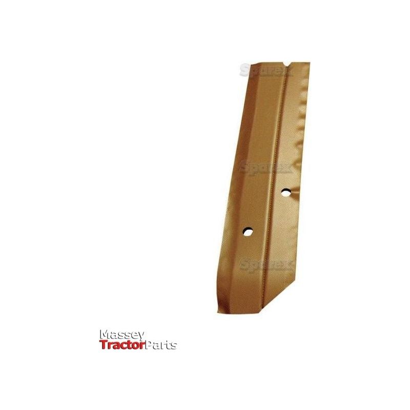 A gold-colored metal part with two holes, labeled "Sparex" and "Front Rear Panel Trim LH | Massey Tractor Parts" in the bottom left corner, designed for LH use.