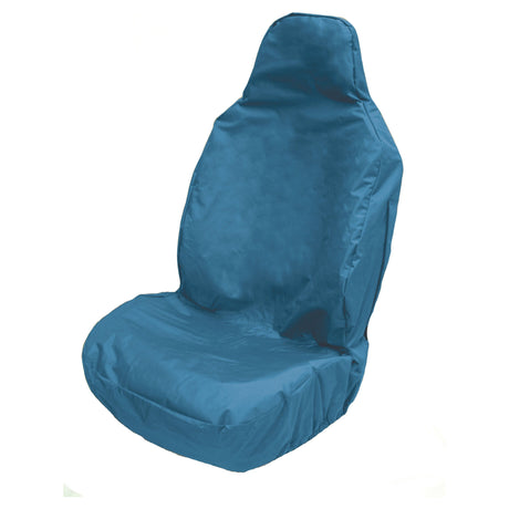 The Sparex Front Standard Seat Cover - Car & Van - Universal Fit (S.71700) is shown in blue, fitted over a single car seat against a white background. This waterproof and washable cover is easy to install, making it the perfect addition to your vehicle interior.