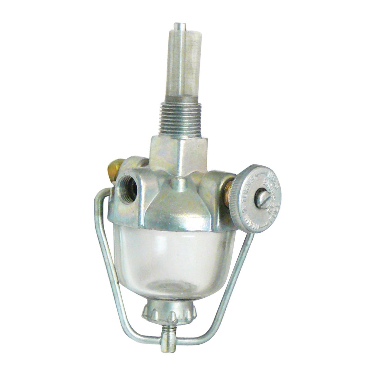 The Fuel Bowl Assembly (Sparex Part No. S.61577) by Sparex is a metallic fuel filter with a clear bowl and metal fittings that features both a threaded top and a manual shut-off valve, making it ideal for Ford / New Holland tractors.