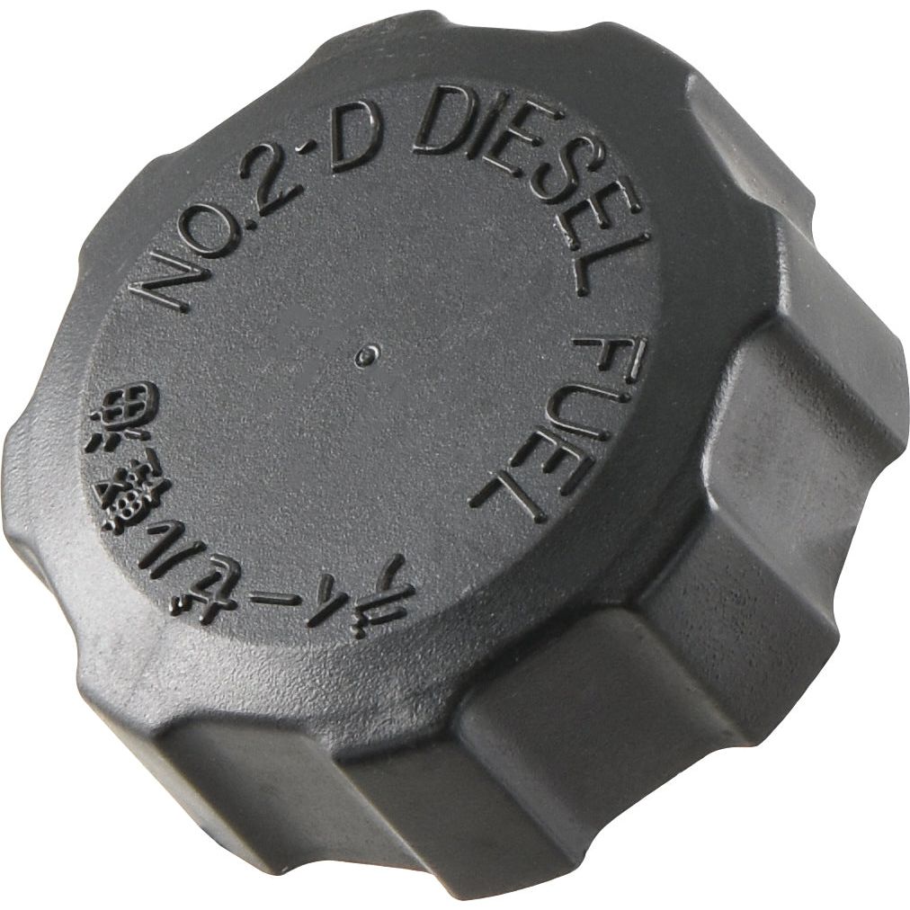 A black plastic cap from Sparex, marked with "No. 2-D Diesel Fuel" along with other small symbols, commonly used as a fuel cap replacement for Kubota tractors. This product is known as the Fuel Cap and has the Sparex Part No. S.22497.