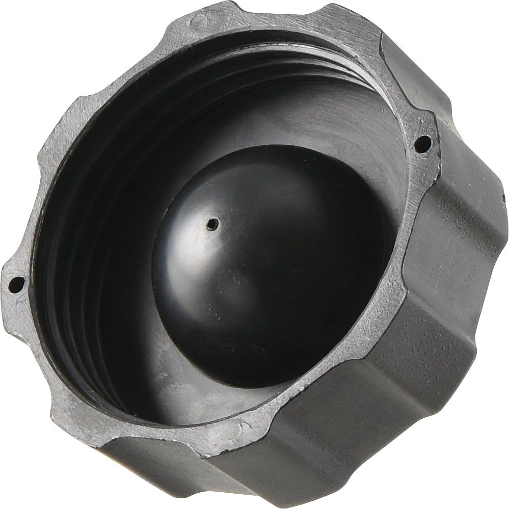 A Sparex Fuel Cap (Part No. S.22497), black and circular in design with internal threading and a small central hole, made of plastic, ideal for Kubota machinery or as a Sparex replacement.