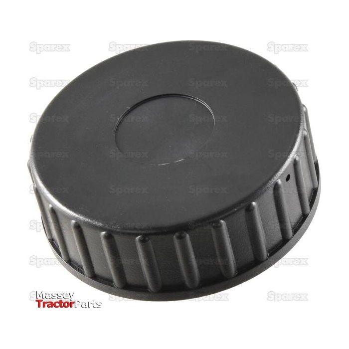 A Sparex Fuel Cap - S.44132, characterized by its black circular plastic design with a threaded configuration and ridged edge, commonly serves as a replacement part for machinery. The image background prominently displays repeated text and logos from the renowned tractor parts manufacturer Sparex.