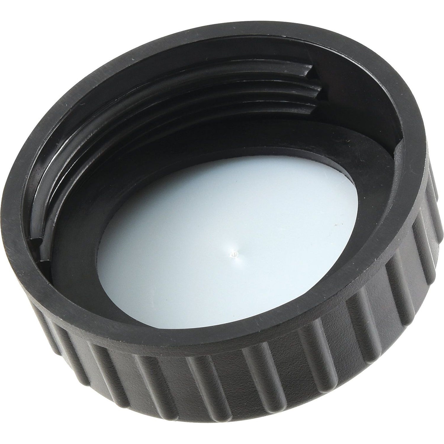 A close-up image of the Fuel Cap - S.44132, a ribbed black plastic threaded cap with an inner white seal, perfect for Sparex containers.